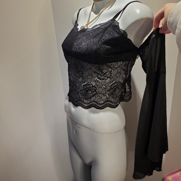 Dark Boho Lace & Mesh Open Bell Sleeve Tank w Butterfly Design on Back - Picture 2 of 7